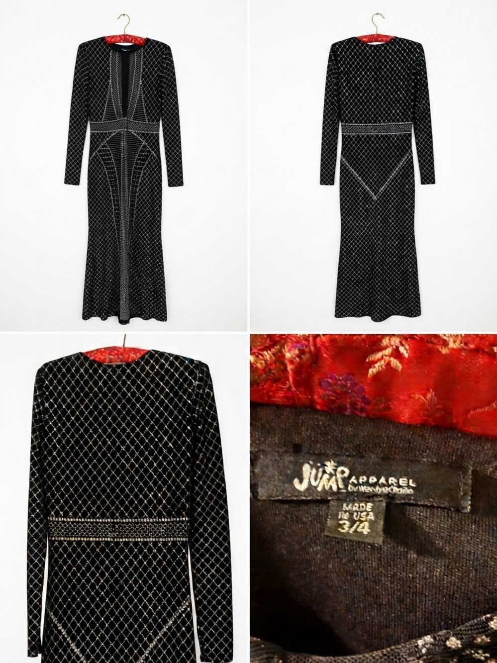 Jump Black Velvet Long Sleeve Maxi Dress with Silver Diamond Grid
